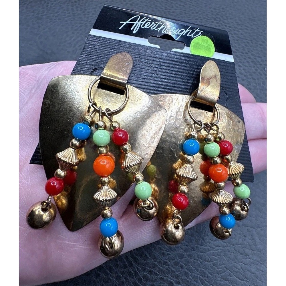 Vintage 80s Afterthoughts Gold Tone Hammered Multicolor Bead Dangle Earrings